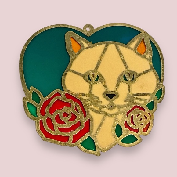 Heart with Cat & Roses Stained Glass Acrylic Window Hanging Suncatcher 5” x 4.5” - Picture 3 of 5